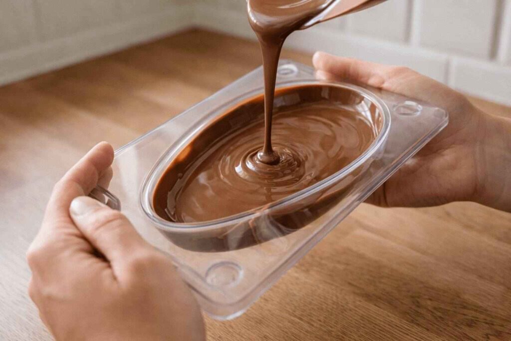como fazer ovo de páscoa em casa preenchendo forma com chocolate temperado