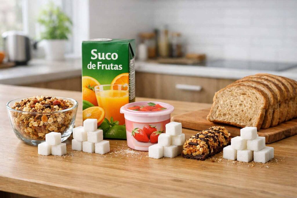 Alimentos que parecem saudáveis com montes de açúcar ao lado, como granola, suco de frutas, iogurte e barra de cereal.