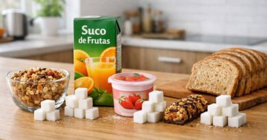 Alimentos que parecem saudáveis mas não são (vilões da dieta) Alimentos que parecem saudáveis com montes de açúcar ao lado, como granola, suco de frutas, iogurte e barra de cereal.