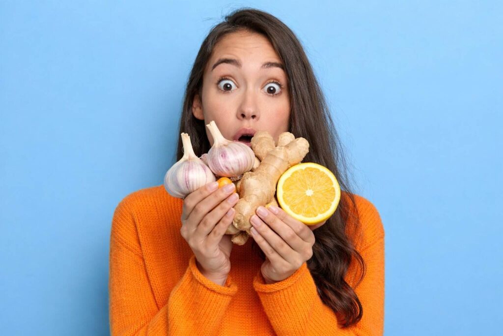 alimentos naturais com benefícios para a saúde como alho gengibre e limão