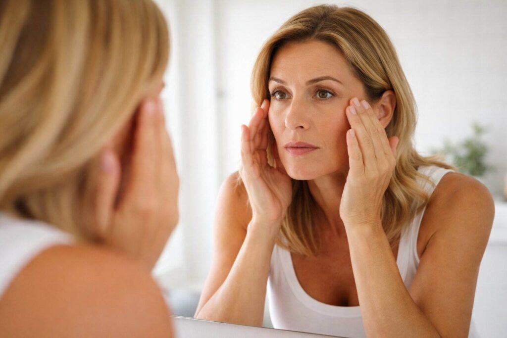Mulher loira observando sinais de envelhecimento no espelho