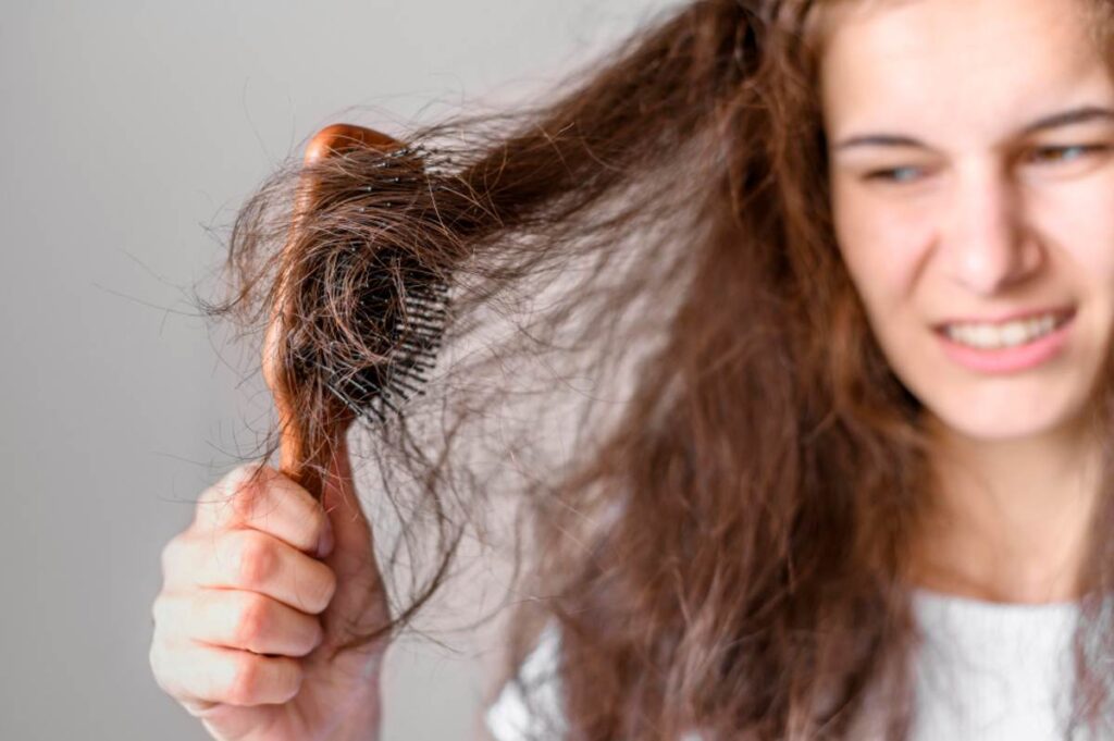 Cabelo com frizz sendo puxado com escova, mostrando fios arrepiados e sem controle