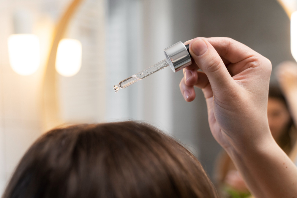 Aplicação de tônico capilar na raiz do cabelo para fortalecimento dos fios