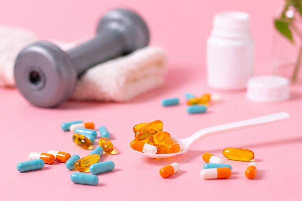 Suplementos alimentares em cápsulas e gel ao lado de halter, representando uso de suplementos para treino e saúde