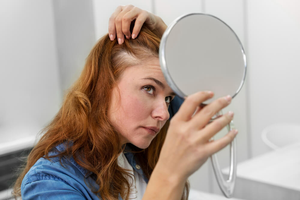 Mulher observando falha no couro cabeludo com um espelho, sinal de cabelo caindo
