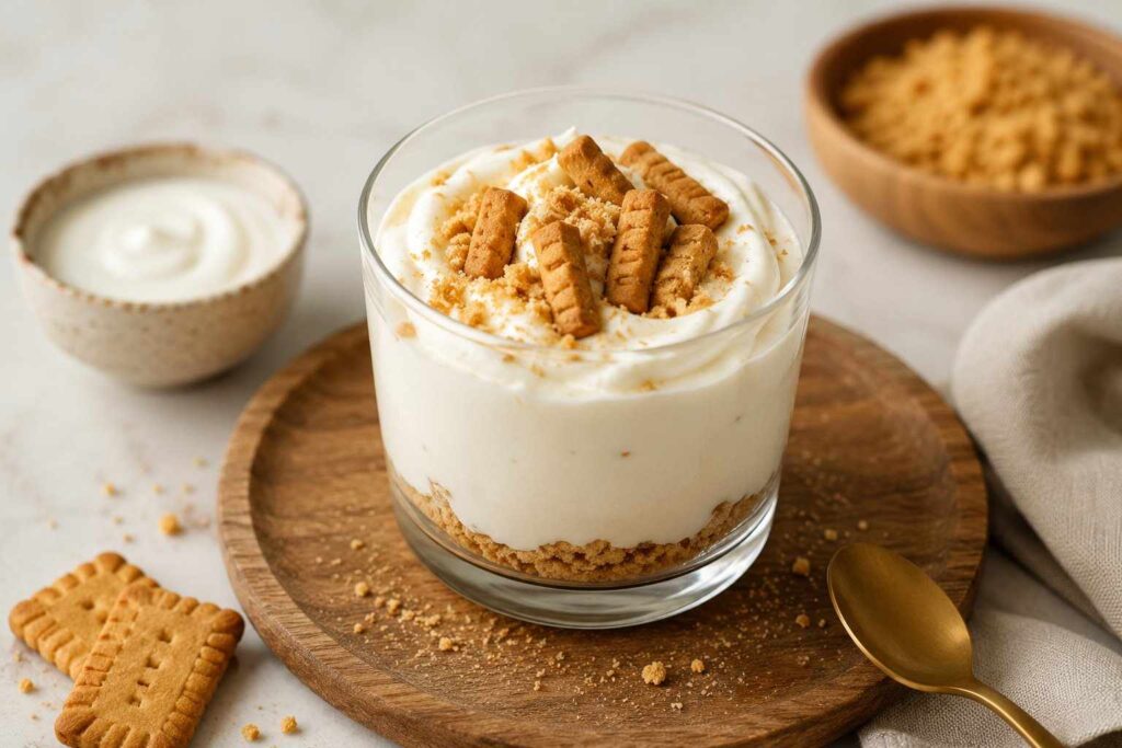 Cheesecake de iogurte grego servido em potinho de vidro, com base de biscoito triturado e biscoitos tipo Biscoff decorando o topo