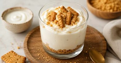 Testamos o cheesecake de iogurte, a receita viral do momento: vale a pena? Cheesecake de iogurte grego servido em potinho de vidro, com base de biscoito triturado e biscoitos tipo Biscoff decorando o topo