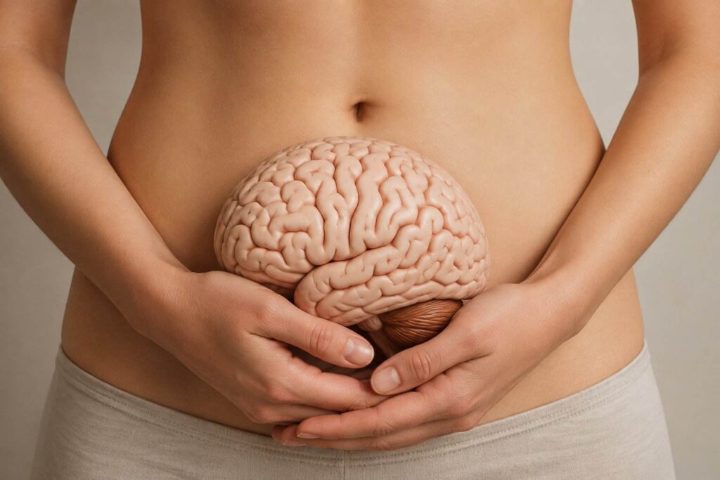 Mulher segura um modelo de cérebro sobre o abdômen, representando o eixo intestino-cérebro