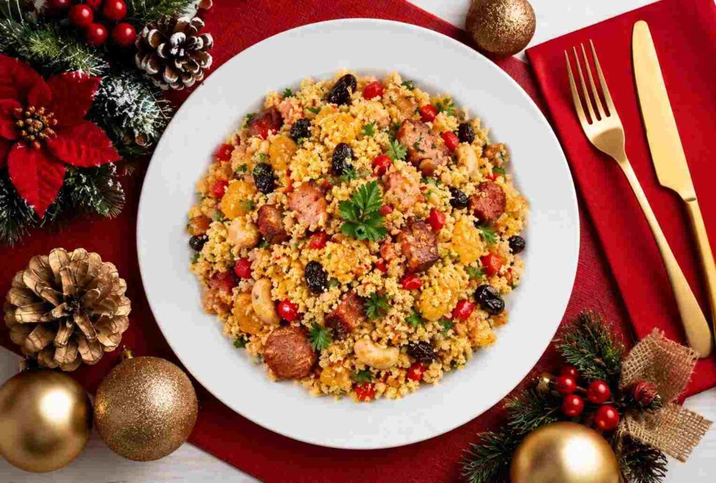 Farofa de Natal com bacon, linguiça, frutas secas e ervas, servida em prato branco sobre mesa decorada com elementos natalinos.
