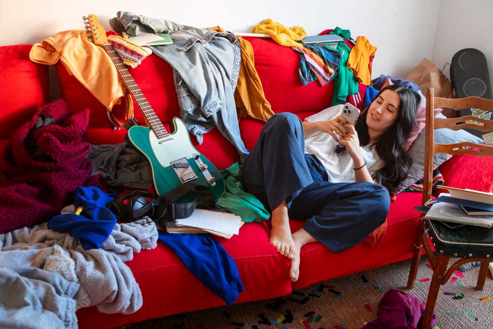 Mulher usando o celular em um sofá vermelho cercado por roupas e objetos espalhados, representando a falta de organização da casa.