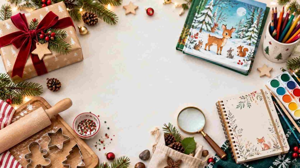 Ideias de presentes de Natal para crianças, com livros, materiais de pintura, acessórios criativos e itens de culinária em uma decoração natalina.