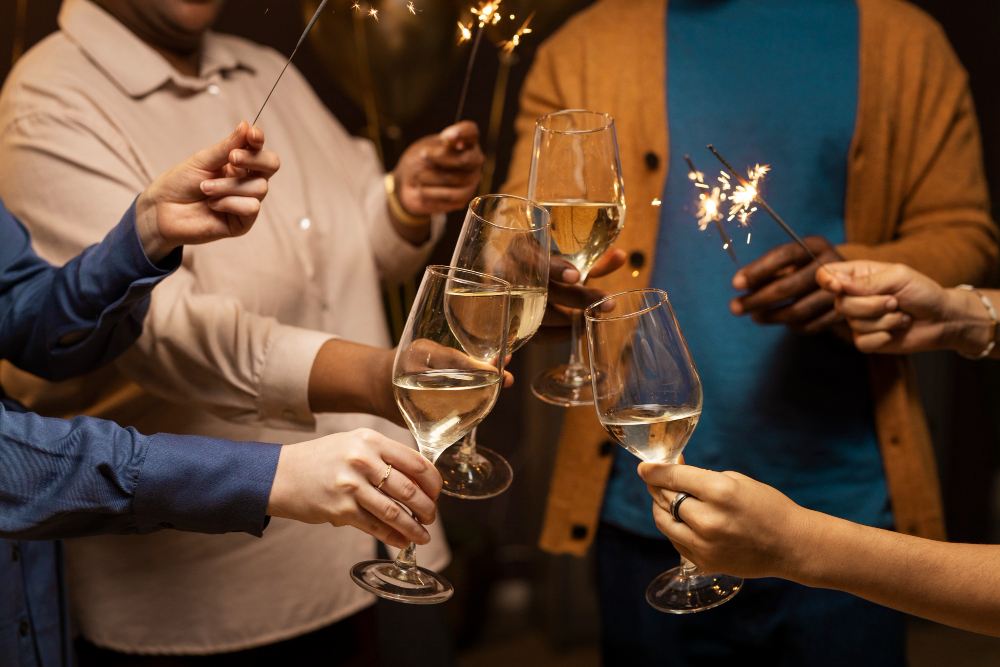 Pessoas celebrando o Réveillon com taças de espumante e estrelinhas luminosas, representando as tradições de Ano-Novo.